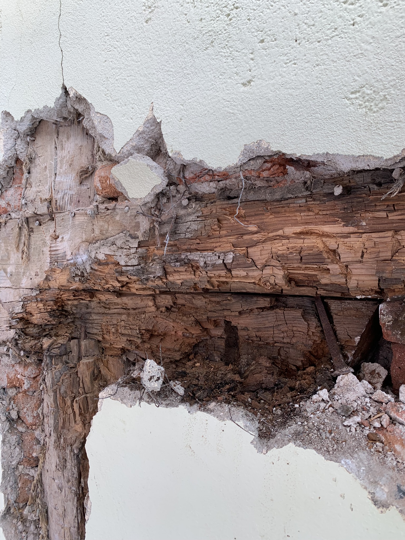 San Hermenegildo 24. Detalle de la madera gravemente afectada, con fragmentación y pérdida de material en el encuentro del entramado.