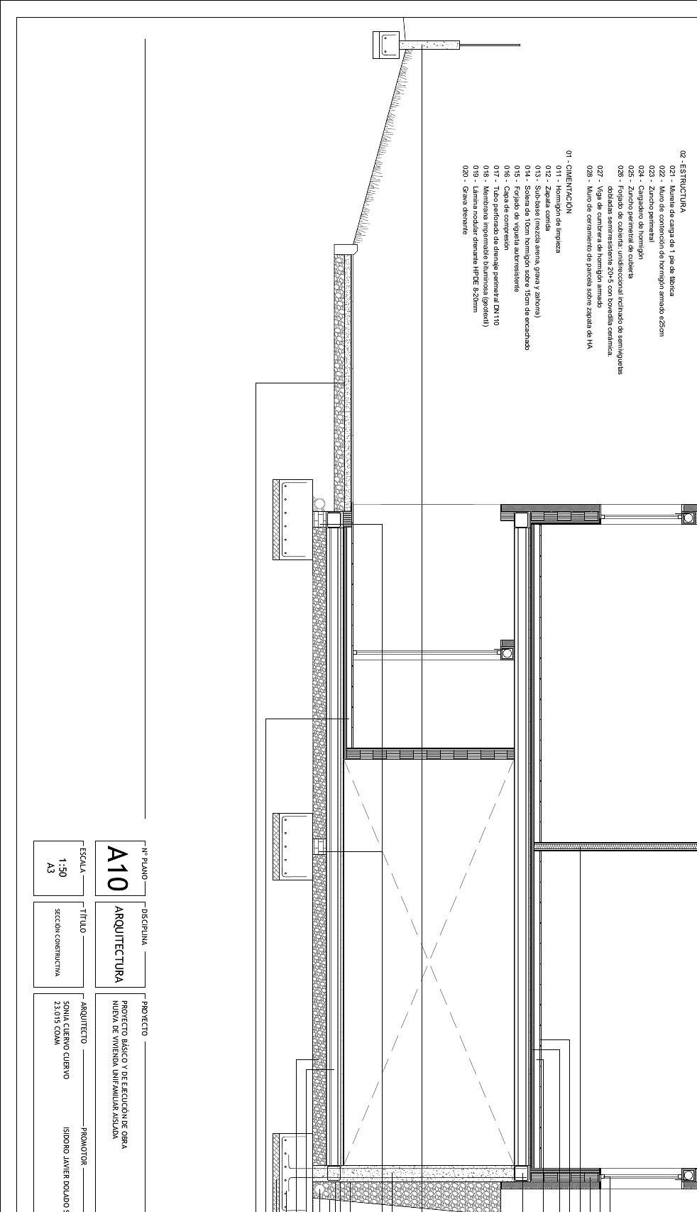 Sección constructiva del proyecto de vivienda en Caviedes